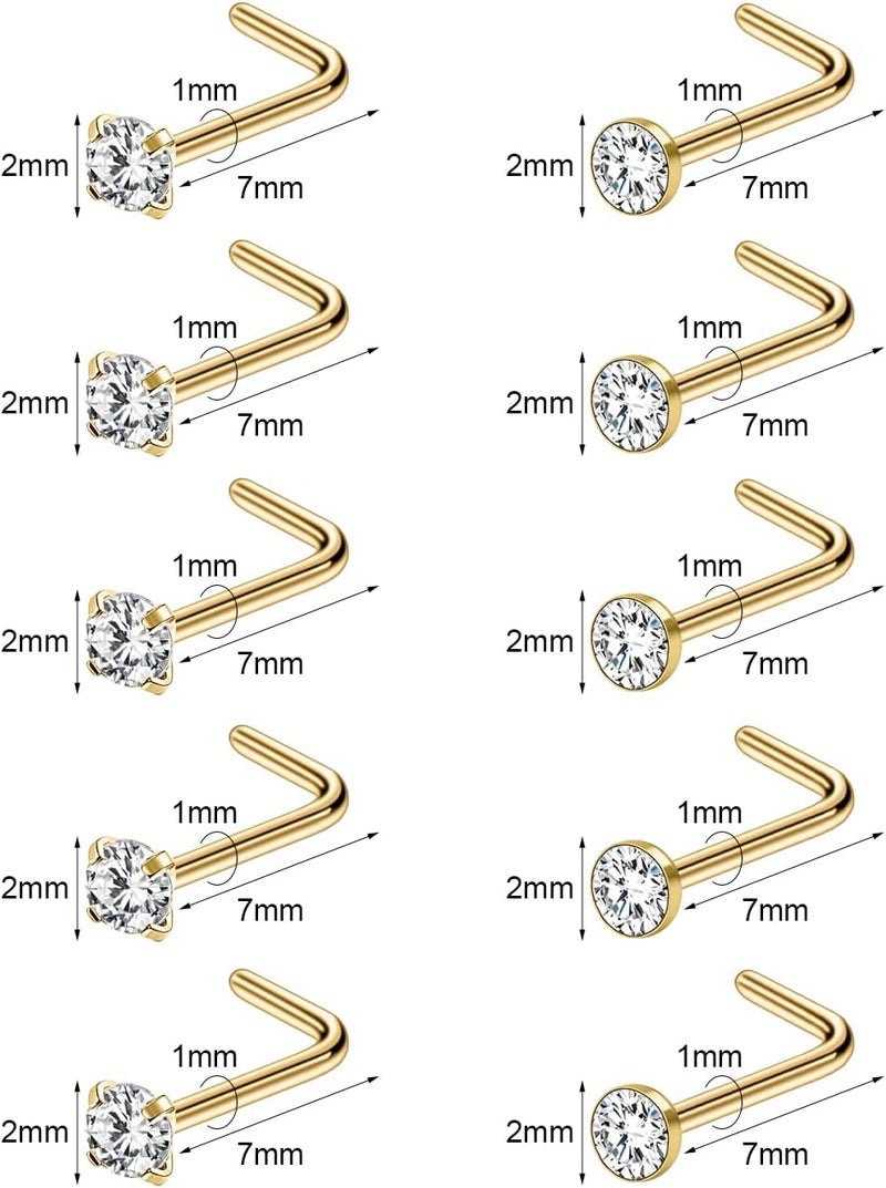 AccGin Store 6-10Pcs 18G 20G Nose Ring Surgical Steel Nose Rings Studs Piercing For Women Men 1.5mm 2mm 2.5mm 3mm Round Diamond CZ L Shaped Corkscrew Gold Black Silver Nose Piercing Hypoallergenic - Image 2